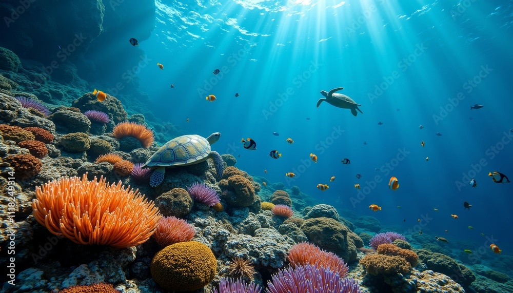 Naklejka premium Vibrant Underwater Scene with Coral Reef and Sea Turtle