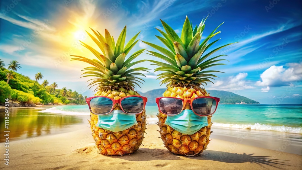 Obraz premium Double Exposure Pineapples in Masks on Vacation - AI Photo