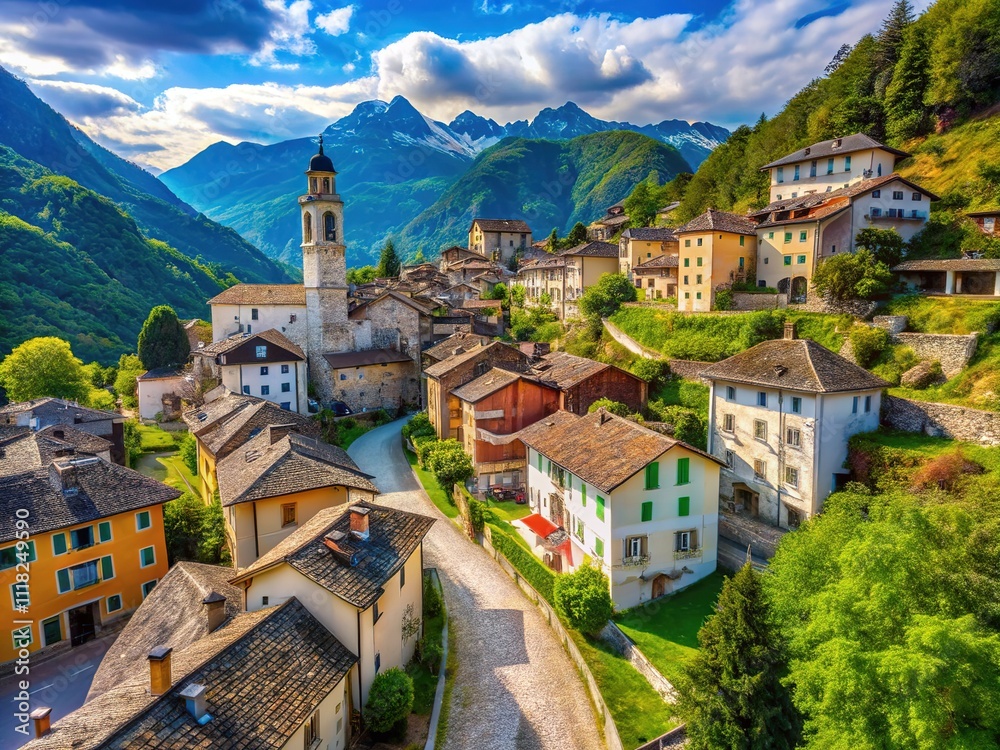 Fototapeta premium Drone Shot: Soglio Swiss Mountain Village Narrow Streets