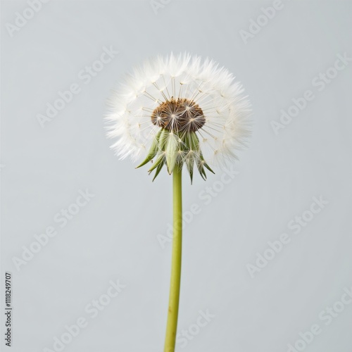 Dandelion seed head with delicate filaments, displayed on a plain light gray background.