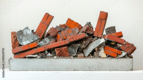 A side view of mixed construction garbage, showcasing red bricks, concrete blocks, and rusted metal pieces on a white surface