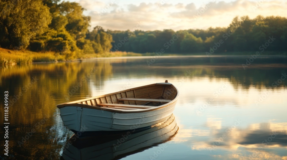 White wooden boat on placid lake with sunset lighting. White wooden boat on placid lake with sunset lighting.