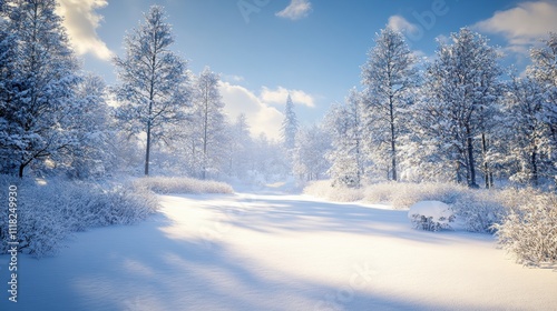 A snowy forest with trees covered in snow, creating an atmosphere of calmness and tranquility. 