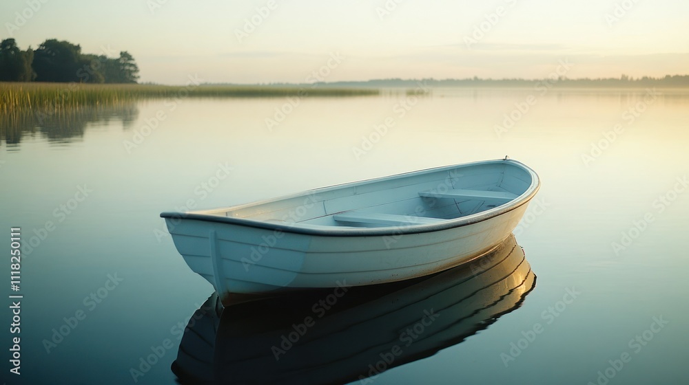Fototapeta premium A white boat peacefully floating on still water surface