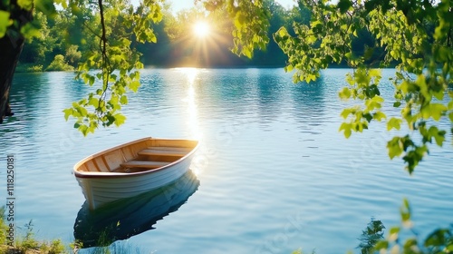 Serene boat floats on sun-kissed lake, leafy embrace. photo