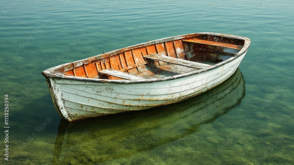 Old rowboat with peeling paint floating in green water Old rowboat with peeling paint floating in green water