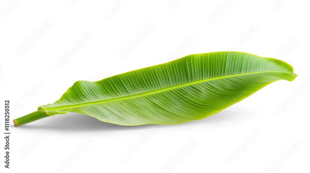 Fototapeta premium A single, perfectly shaped tropical banana leaf, crisp and green, isolated on a clean white background.