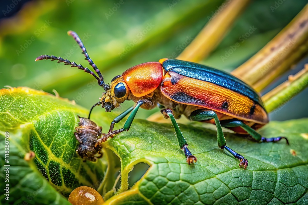 Naklejka premium Epilachna Beetle Pest on Bitter Gourd - Vegetable Damage, Coccinellidae
