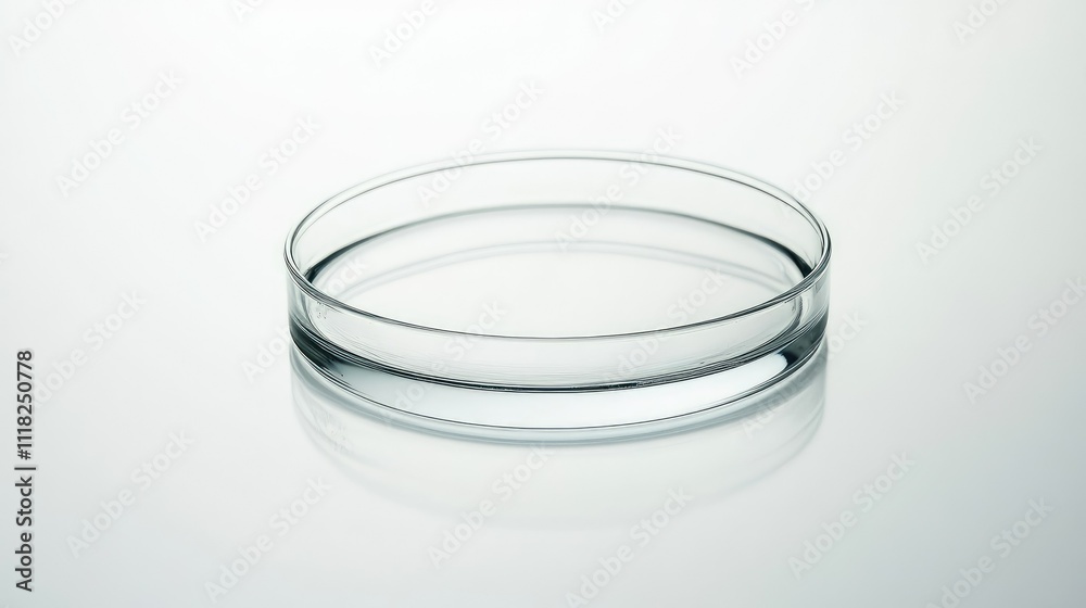 A single petri dish with a clear base, isolated on a pristine white background with subtle reflections A single petri dish with a clear base, isolated on a pristine white background with subtle reflections