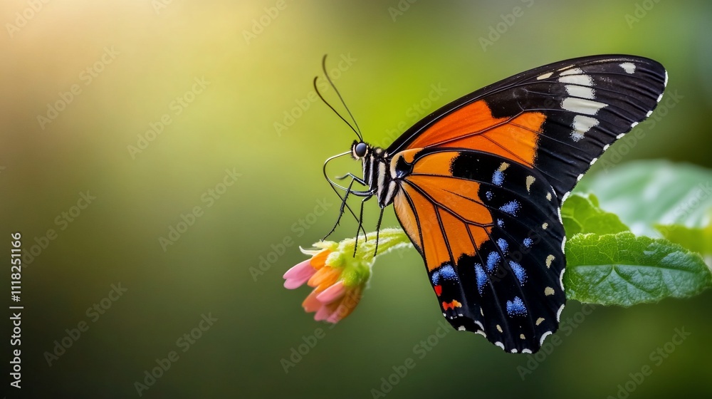A vibrant butterfly perched on a flower in a serene environment. A vibrant butterfly perched on a flower in a serene environment.