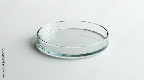 A single round petri dish viewed from the side, empty and clear, resting on a white background