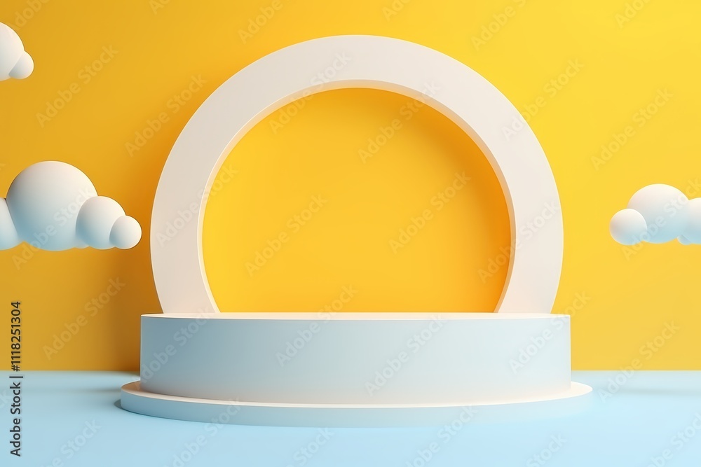 Bright round display podium with clouds