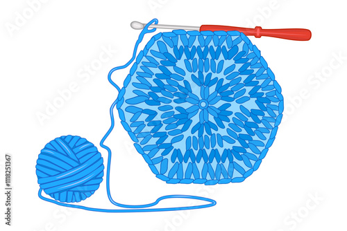 Knitwear, ball of yarn and crochet hook.Crochet handmade Granny square pattern, blue yarn coil, hook.Symbol of hobby, needlework, homework.Tools for knitwork,handicraft,crocheting,hand-knitting.Vector