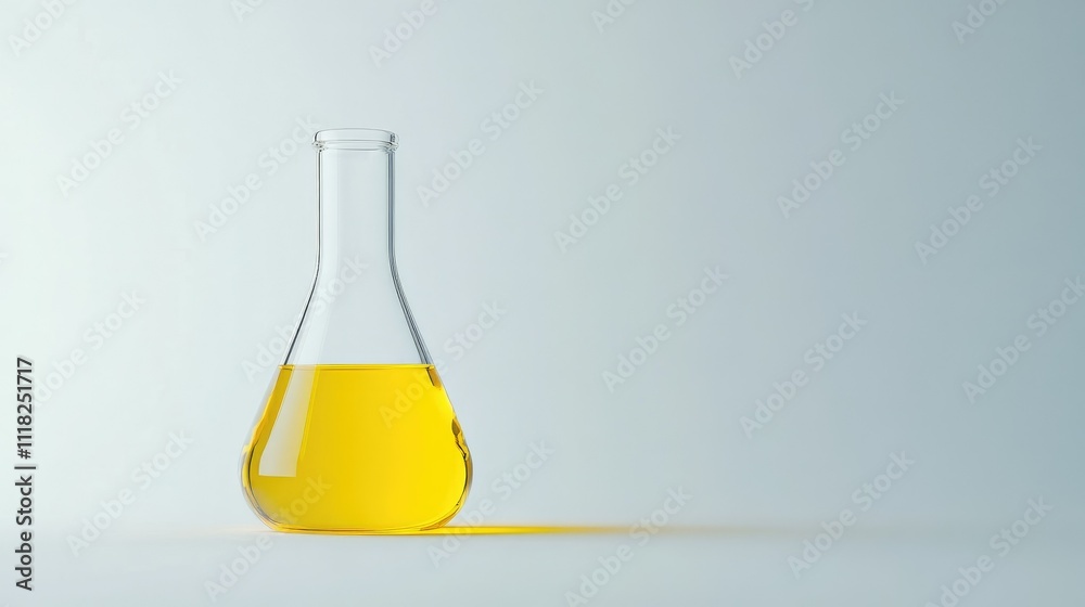 A single transparent glass flask filled with bright yellow liquid, standing upright on a plain white background A single transparent glass flask filled with bright yellow liquid, standing upright on a plain white background
