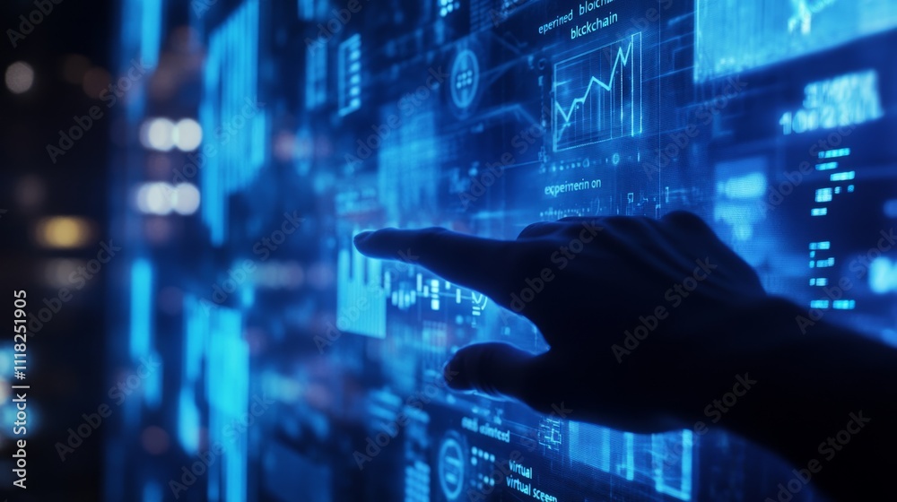 Hand interacting with a futuristic digital interface displaying data and graphs. Hand interacting with a futuristic digital interface displaying data and graphs.