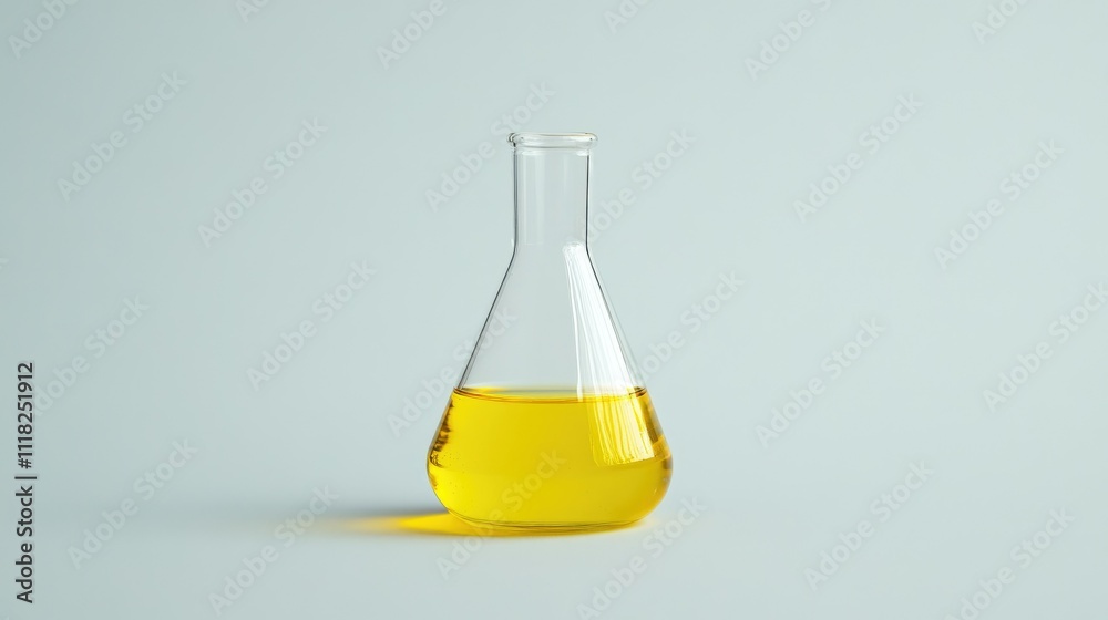 A single transparent glass flask filled with bright yellow liquid, standing upright on a plain white background A single transparent glass flask filled with bright yellow liquid, standing upright on a plain white background