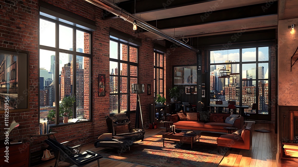 Naklejka premium Sunlit loft apartment with exposed brick walls, large windows offering city views, and mid-century modern furniture.