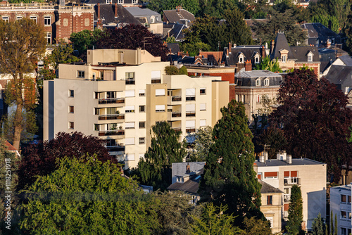 Aerial view of Rouen, Normandy, France, detail of residential area with houses and apartment buildings, on a hill, in the north of the city center, wealthy suburb of Bihorel and Mont Saint Aignan