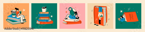 Book concepts set. Happy woman reading books and laying in the cup of coffee. Flat trendy retro vector illustrations isolated on background