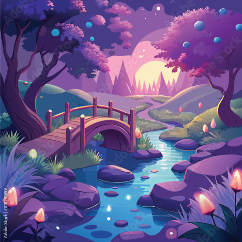 Purple and blue fantasy landscape with a bridge