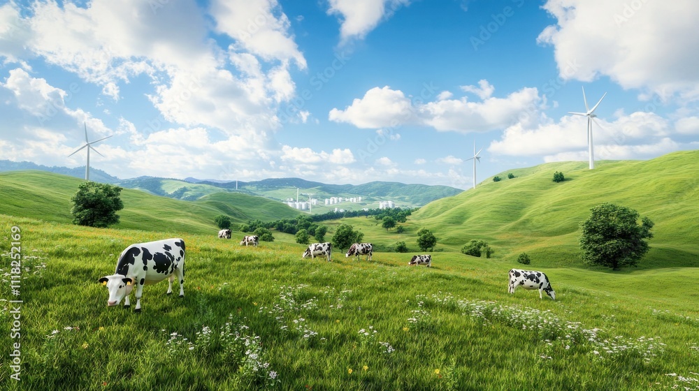 Spotted cows grazing in a lush green windy landscape Spotted cows grazing in a lush green windy landscape