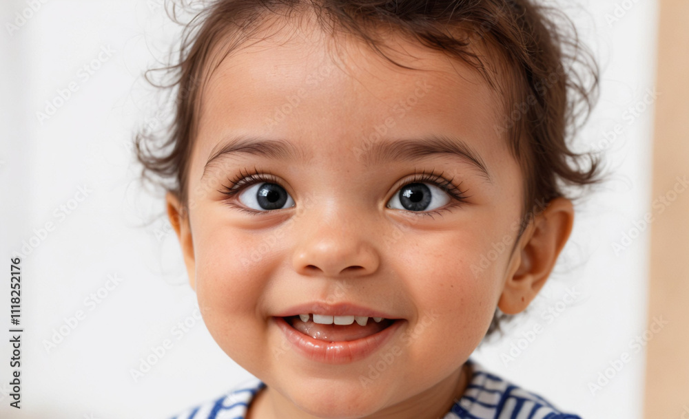 A baby with blue and white striped shirt and blue eyes. The baby is smiling and has a big smile on his face A baby with blue and white striped shirt and blue eyes. The baby is smiling and has a big smile on his face