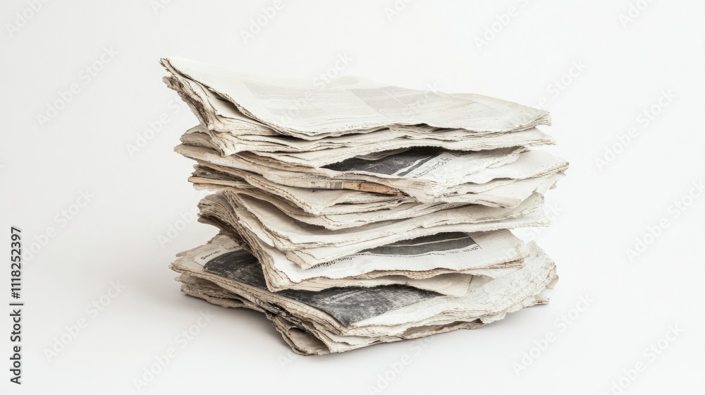 A slightly tilted stack of old, worn newspapers with frayed edges, positioned on a clean white background A slightly tilted stack of old, worn newspapers with frayed edges, positioned on a clean white background