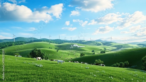 Pastoral landscape of grassland with wind turbines