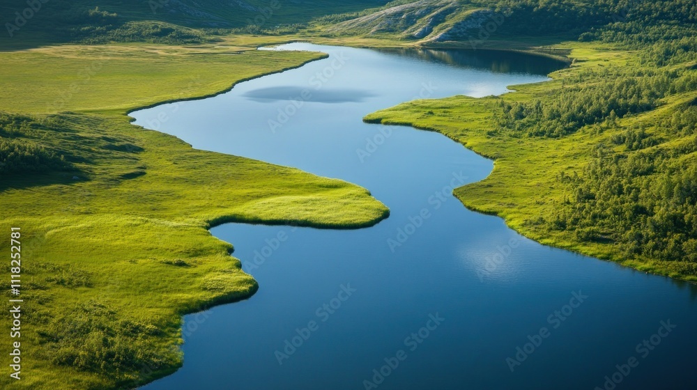 Tranquil river cutting through lush green landscape. Tranquil river cutting through lush green landscape.