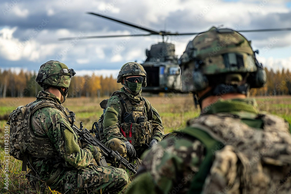 Soldiers prepare for mission as helicopter approaches in the field Soldiers prepare for mission as helicopter approaches in the field