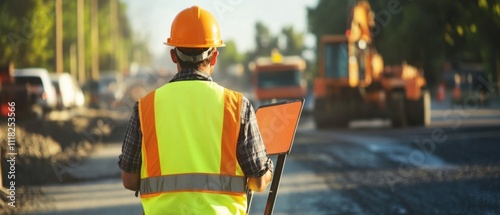 A road construction worker in a reflective vest and hard hat, holding a sign for directing traffic, with freshly paved asphalt and construction vehicles in the background photo