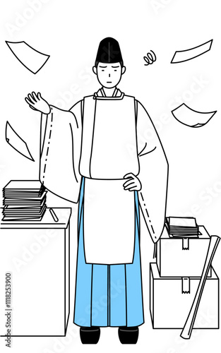 Priest of the shrine, wearing a Eboshi and Kariginu, who is fed up with his unorganized business.