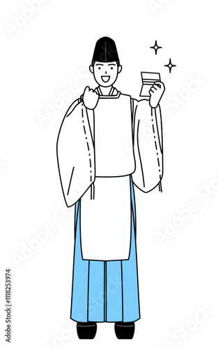 Priest of the shrine, wearing a Eboshi and Kariginu, who is pleased to see a bankbook.