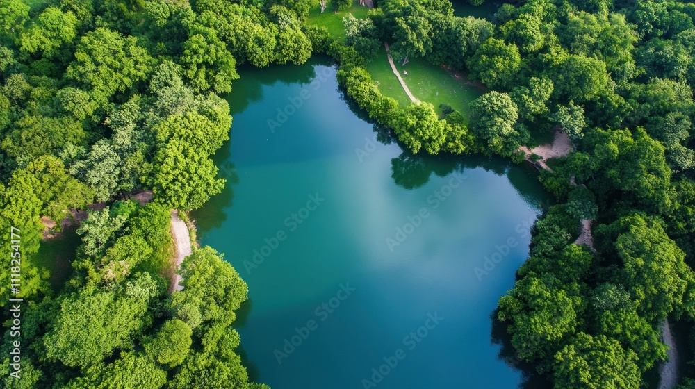 Lush vegetation around heart-shaped lake aerial view Lush vegetation around heart-shaped lake aerial view