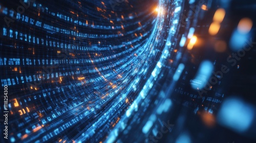 Matrix data spirals into a captivating vortex of light, showcasing the dynamic movement of digital information in a futuristic design during a nighttime setting