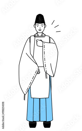 Priest of the shrine, wearing a Eboshi and Kariginu, tapping his chest.
