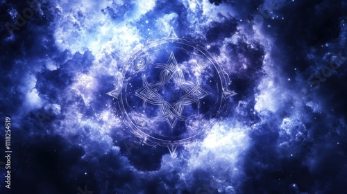 Luminescent Enochian Angelic Sigil in Platinum and Deep Indigo: Ethereal Cloud Realm with Celestial Light, Translucent Layers, and Mystical Atmosphere. photo