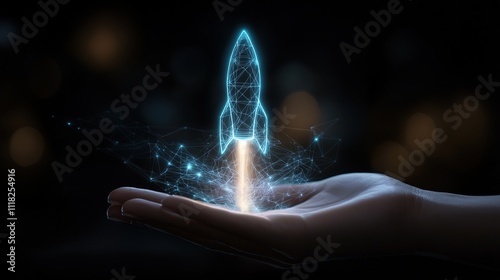 Hand holding a glowing, futuristic rocket launching; innovation, technology, startup, and growth concept.