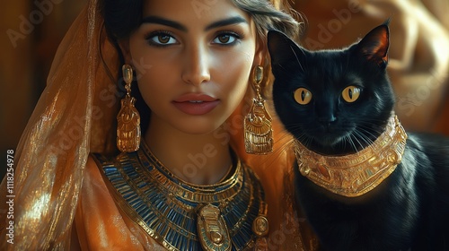 Beautiful Egyptian woman wears traditional flowing dress, golden jewelry. Stylish black cat with golden jewelry sits close. Ancient Egyptian fashion concept. Elegant lady, pet with elaborate photo