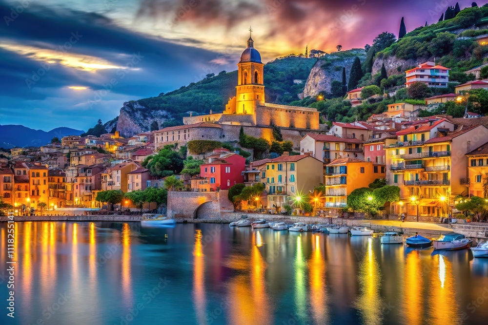 Fototapeta premium Long Exposure Villefranche-sur-Mer Skyline, France, September 2023