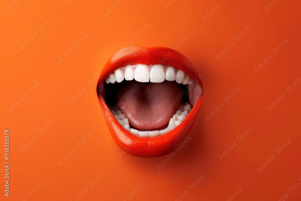 Naklejka premium Close-up of vibrant red lips on orange background