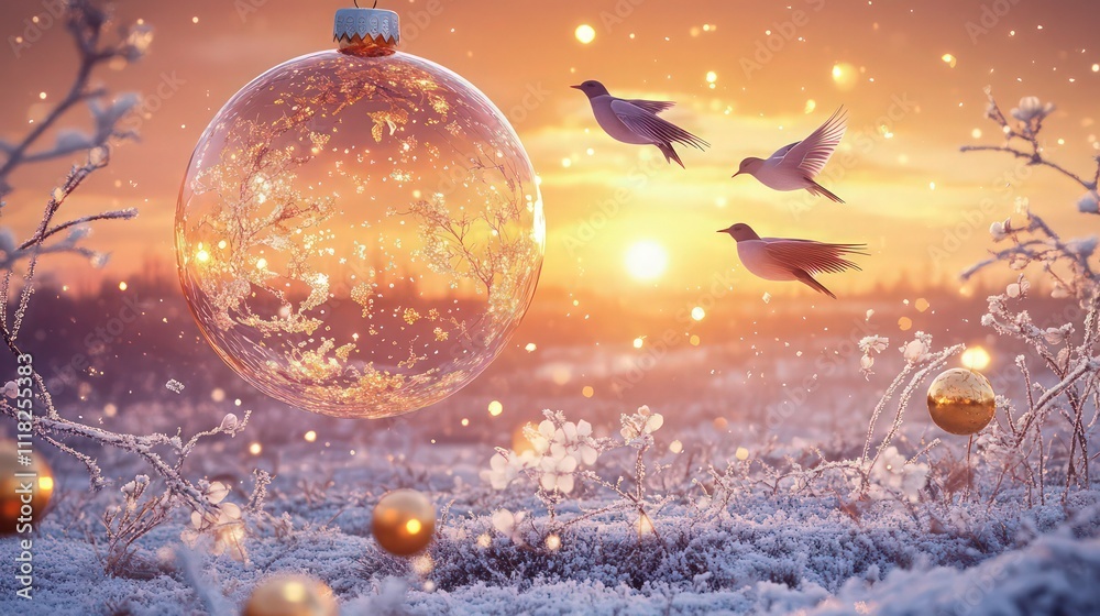 A beautiful glass ornament suspended in the foreground, encapsulating a frosty winter scene. Two birds hover gracefully above snow-covered bluegrass, with branches of white blossoms curving inward. A beautiful glass ornament suspended in the foreground, encapsulating a frosty winter scene. Two birds hover gracefully above snow-covered bluegrass, with branches of white blossoms curving inward.