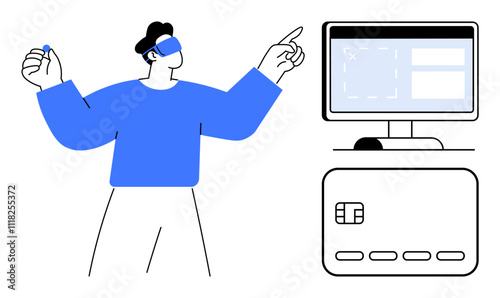 Man wearing VR headset, pointing and holding object, interacts with digital interface on monitor and card. Ideal for fintech, virtual reality, gaming, digital payments, e-commerce, tech innovation