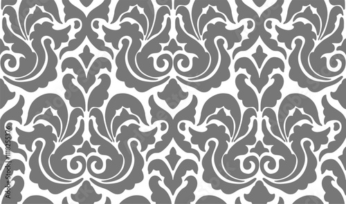 Damask seamless pattern. Gray symmetrical damask design with ornate floral accents for luxury decor applications.