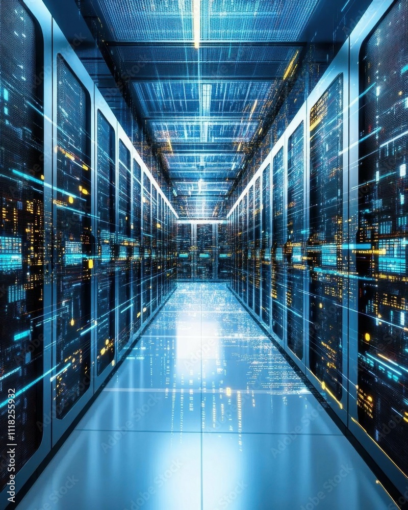 A futuristic server room with glowing data streams and technology. A futuristic server room with glowing data streams and technology.