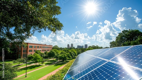 Bright solar panels on a sunny college campus day.