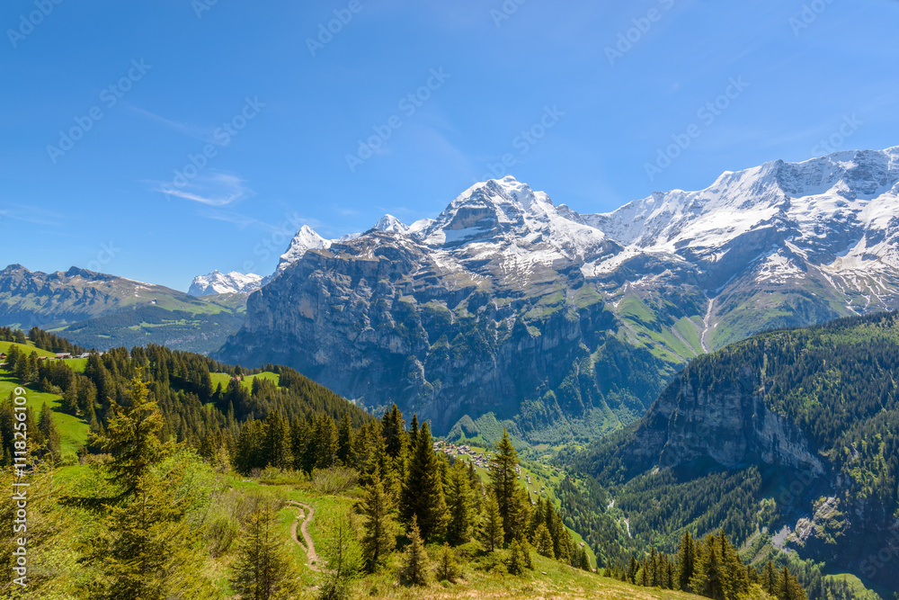 The Swiss Alps at Murren, Switzerland. Jungfrau Region. The valley of Lauterbrunnen from Interlaken. The Swiss Alps at Murren, Switzerland. Jungfrau Region. The valley of Lauterbrunnen from Interlaken.
