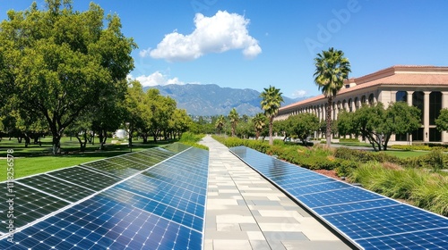 Academic campus with solar panels and clear skies