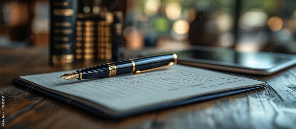 Elegant fountain pen rests on a notepad near books and tablet. Elegant fountain pen rests on a notepad near books and tablet.