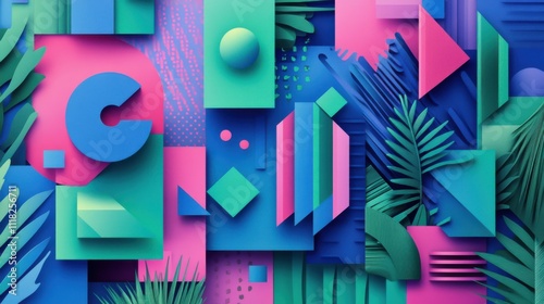 Vivid neon shades fill the canvas with polygonal patterns, blending geometric shapes and textures in a striking abstract design that captivates the eye
